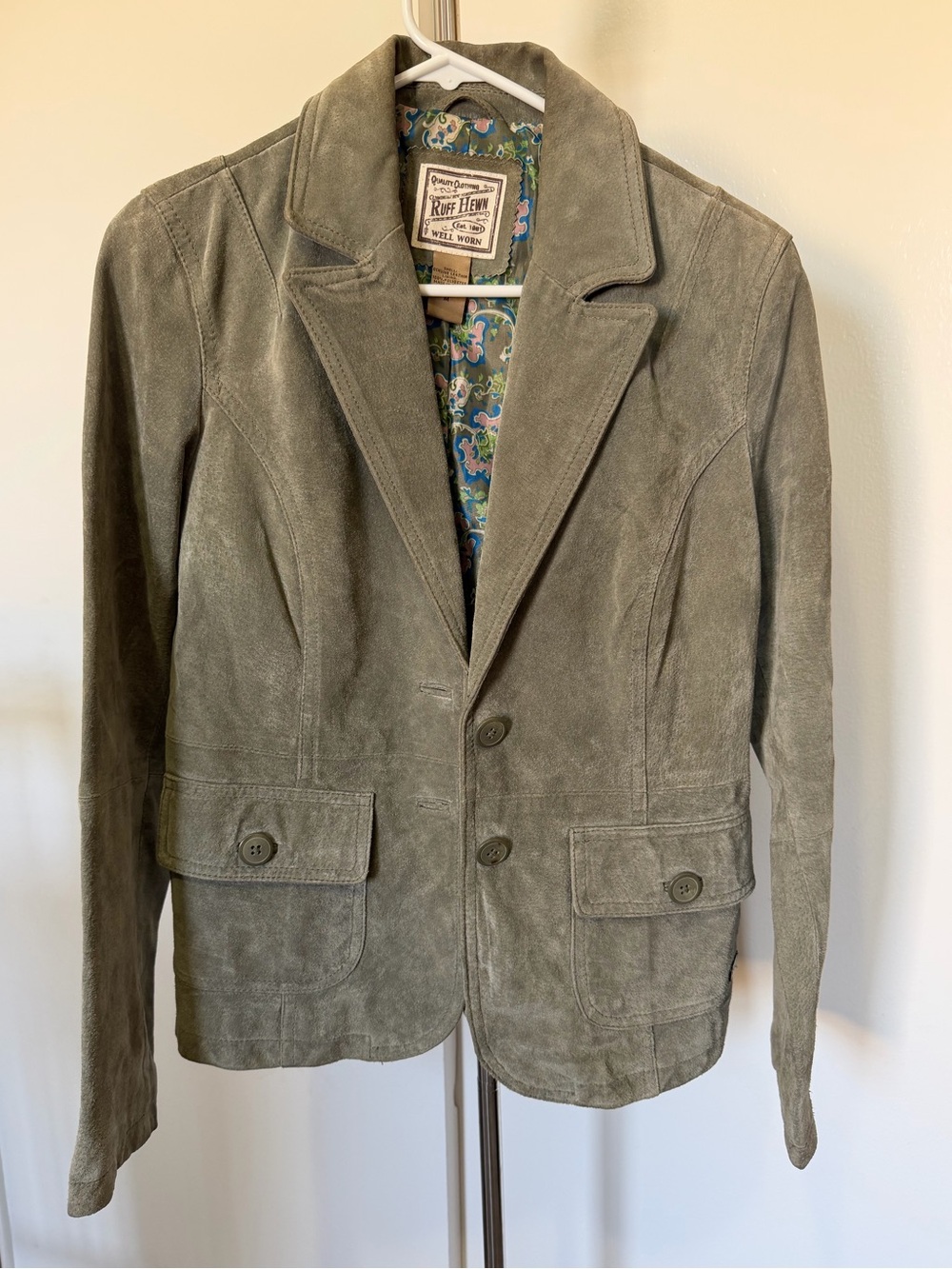 Ruff Hewn Suede Olive Green Long Sleeve Heavy Blazer Jacket Size Medium